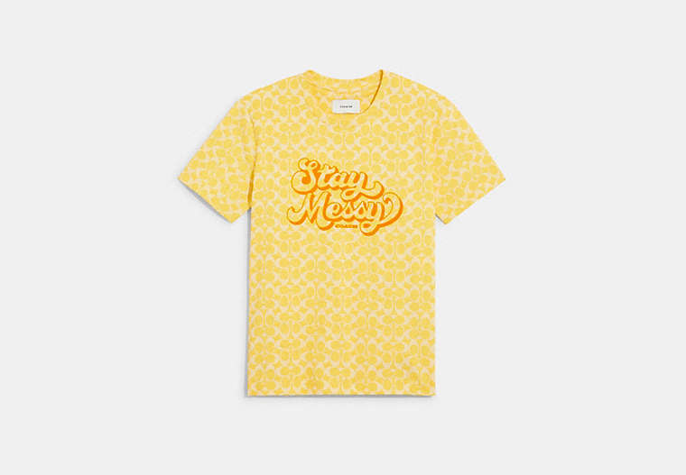 COACH®,SIGNATURE STAY MESSY T-SHIRT IN ORGANIC COTTON,cotton,Yellow,Front View