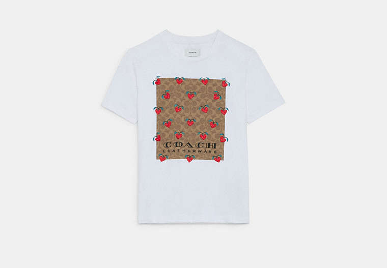 COACH®,SIGNATURE STRAWBERRY T-SHIRT IN ORGANIC COTTON,cotton,White,Front View