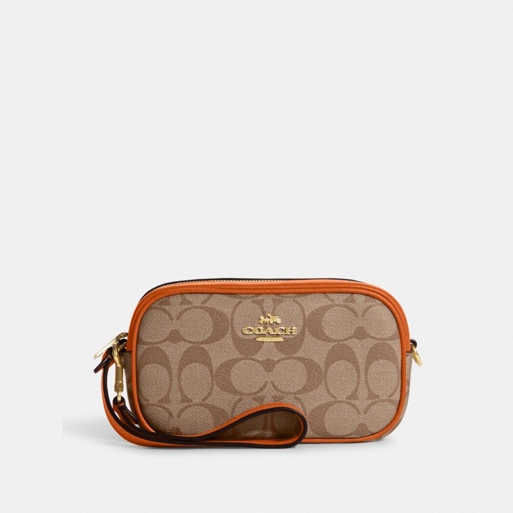 COACH Mini Signature Jacquard Small Wristlet in Brown