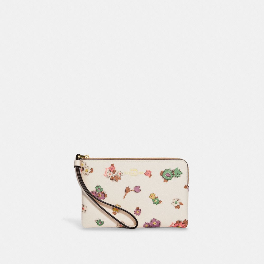 Wristlet à zip en coin avec espace imprimé Fleurs des champs