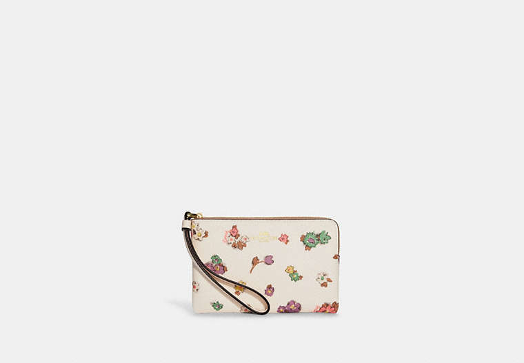 COACH®,CORNER ZIP WRISTLET WITH SPACED FLORAL FIELD PRINT,Mini,Gold/Chalk Multi,Front View