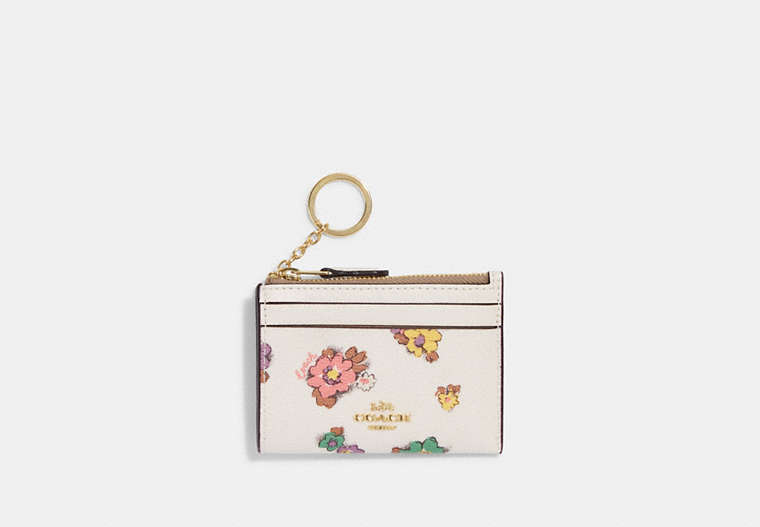 COACH®,MINI SKINNY ID CASE WITH SPACED FLORAL FIELD PRINT,Gold/Chalk Multi,Front View