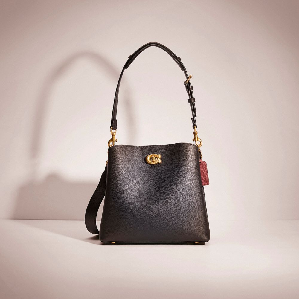 COACH®,RESTORED WILLOW BUCKET BAG,Polished Pebble Leather,Medium,Brass/Black,Front View