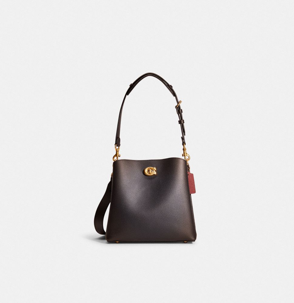 COACH®,RESTORED WILLOW BUCKET BAG,Polished Pebble Leather,Medium,Brass/Black,Front View