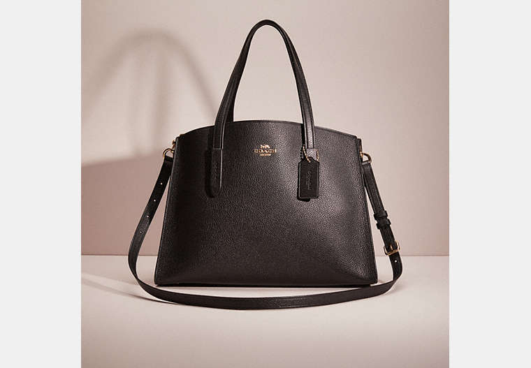 COACH®,RESTORED CHARLIE CARRYALL,Polished Pebble Leather,Large,Light Gold/Black,Front View