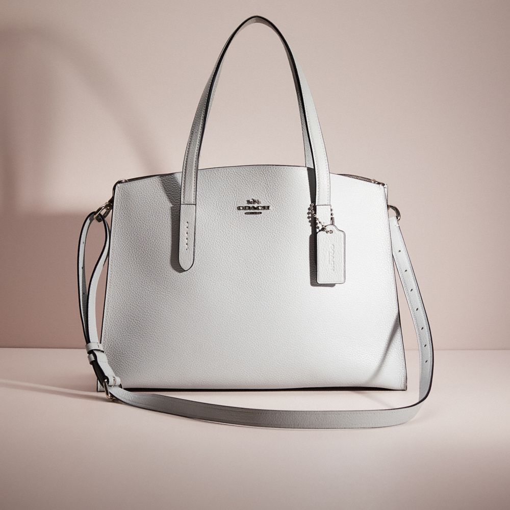 COACH®,RESTORED CHARLIE CARRYALL,Polished Pebble Leather,Large,Silver/Sky,Front View