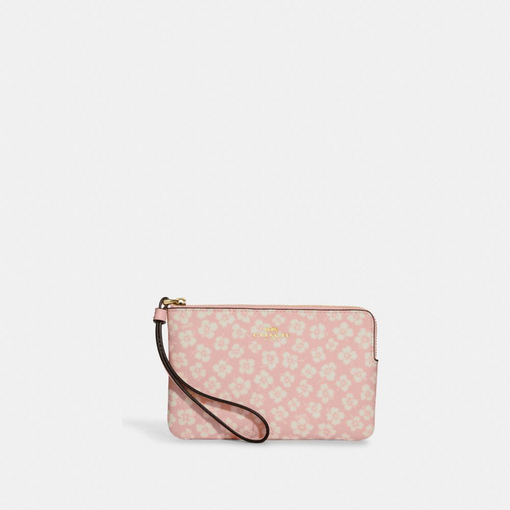 COACH®,CORNER ZIP WRISTLET WITH GRAPHIC DITSY FLORAL PRINT,Mini,Gold/Pink Multi,Front View