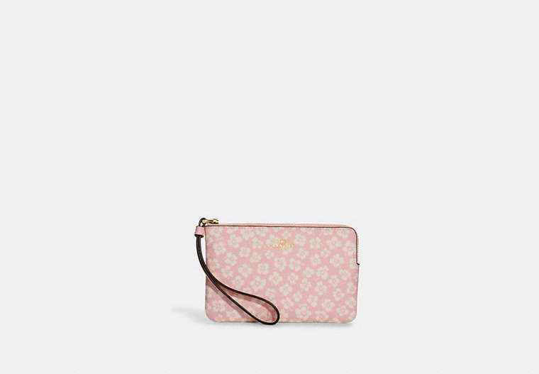COACH®,CORNER ZIP WRISTLET WITH GRAPHIC DITSY FLORAL PRINT,Mini,Gold/Pink Multi,Front View