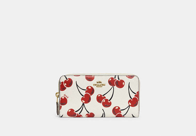 COACH®,ACCORDION ZIP WALLET WITH CHERRY PRINT,Pebble Leather,Mini,Brass/Chalk,Front View
