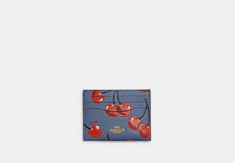 COACH®,CARD CASE WITH CHERRY PRINT,Pebble Leather,Mini,Brass/Washed Chambray,Front View