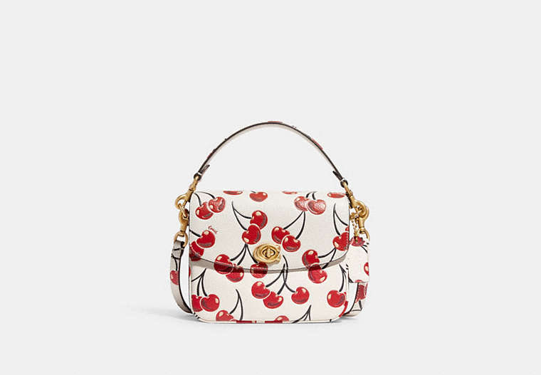 COACH®,CASSIE CROSSBODY BAG 19 WITH CHERRY PRINT,Refined Pebble Leather,Small,Brass/Chalk,Front View