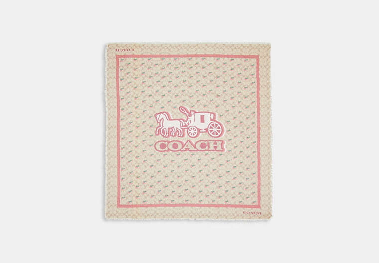COACH®,HORSE AND CARRIAGE STRAWBERRY PRINT OVERSIZED SQUARE SCARF,Khaki/Pink,Front View