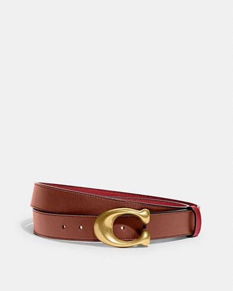 COACH®,SCULPTED C BUCKLE CUT-TO-SIZE REVERSIBLE BELT, 32MM,Refined Calf Leather,Brass/Red/1941 Saddle,Front View