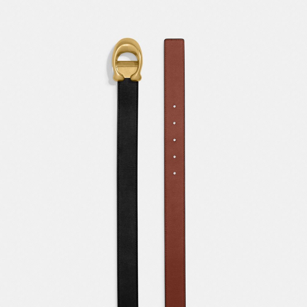 COACH®,SCULPTED C BUCKLE CUT-TO-SIZE REVERSIBLE BELT, 32MM,Refined Calf Leather,Brass/Red/1941 Saddle,Angle View