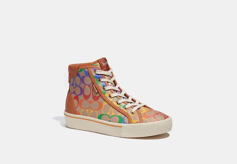 COACH®,CITYSOLE HIGH TOP PLATFORM SNEAKER IN RAINBOW SIGNATURE CANVAS,Signature Coated Canvas/Leather,Multi,Front View