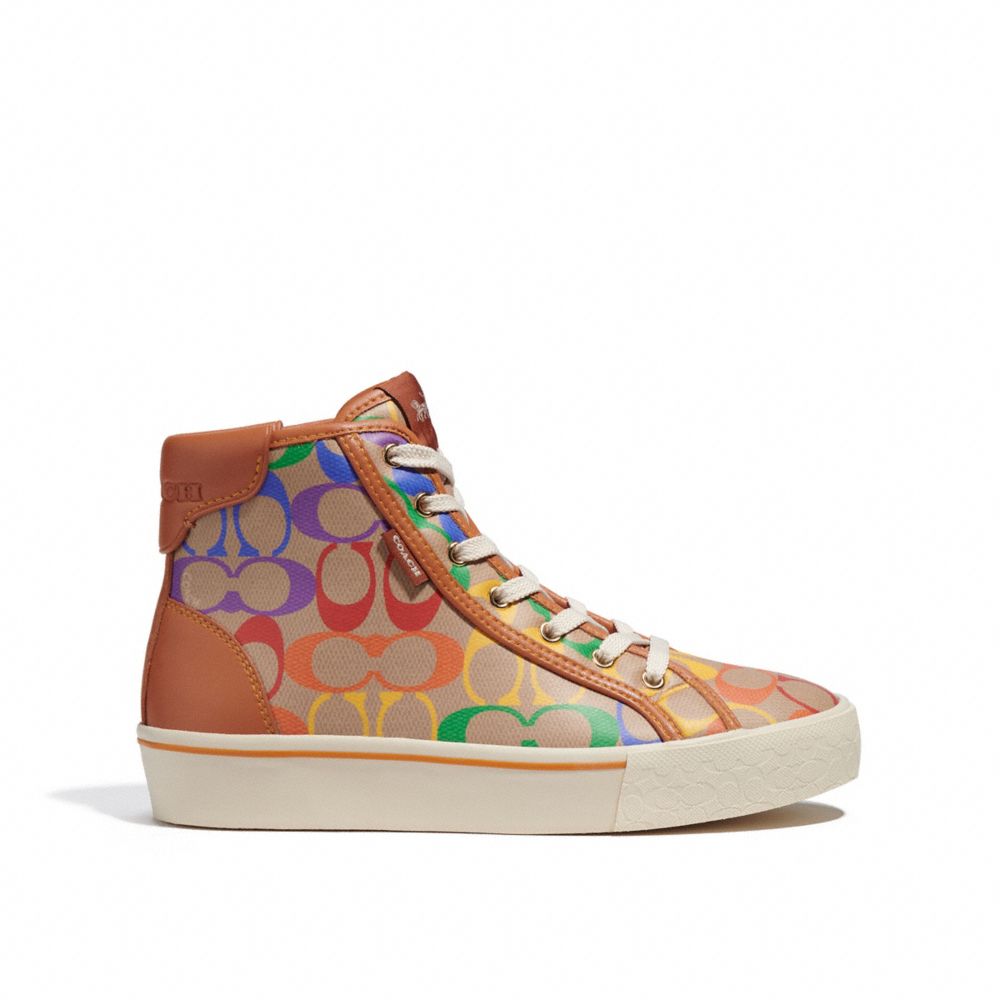 COACH®,CITYSOLE HIGH TOP PLATFORM SNEAKER IN RAINBOW SIGNATURE CANVAS,Signature Coated Canvas/Leather,Multi,Angle View