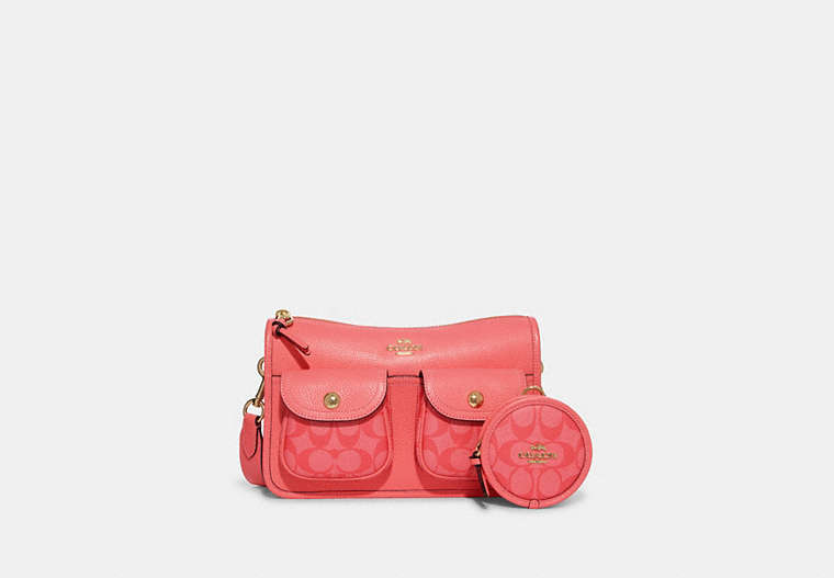 COACH®,PENNIE CROSSBODY WITH COIN CASE WITH SIGNATURE CANVAS DETAIL,Medium,Gold/Pink Lemonade,Front View