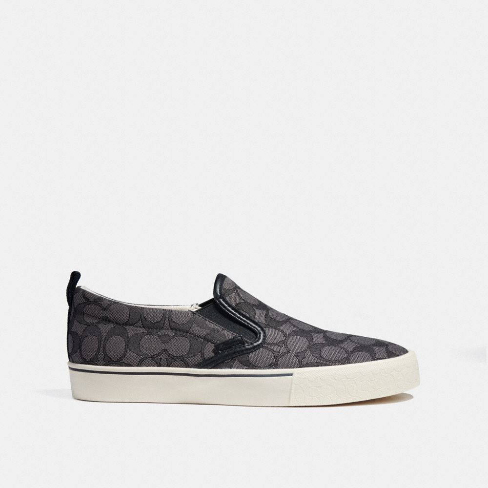 COACH®,SKATE SLIP ON SNEAKER IN SIGNATURE JACQUARD,Signature Jacquard,Charcoal/Black,Angle View