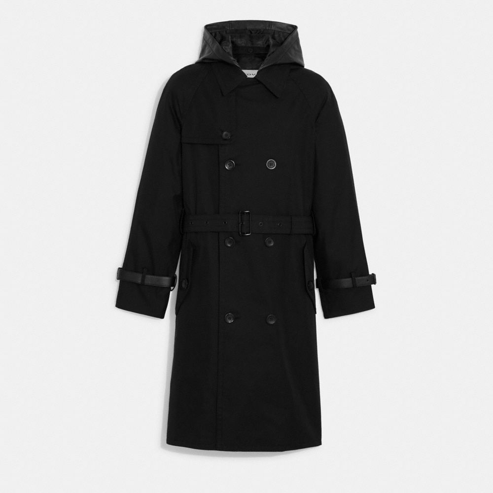 COACH®,TRENCH COAT WITH LEATHER HOOD IN ORGANIC COTTON AND RECYCLED POLYESTER,Cotton/Polyester,Black,Front View image number 0