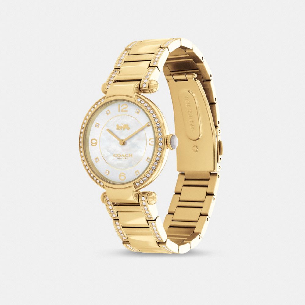 COACH®,Cary Watch, 34 Mm,Analog,Crystal,Gem Embellishment,Logo,Word Embellishment,Water Resistant,Gold Metal,Formal,Clear,Angle View