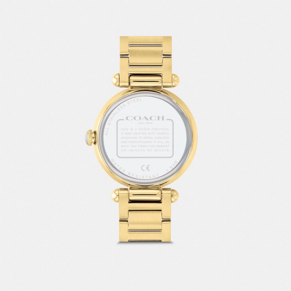 COACH®,Cary Watch, 34 Mm,Analog,Crystal,Gem Embellishment,Logo,Word Embellishment,Water Resistant,Gold Metal,Formal,Clear,Back View