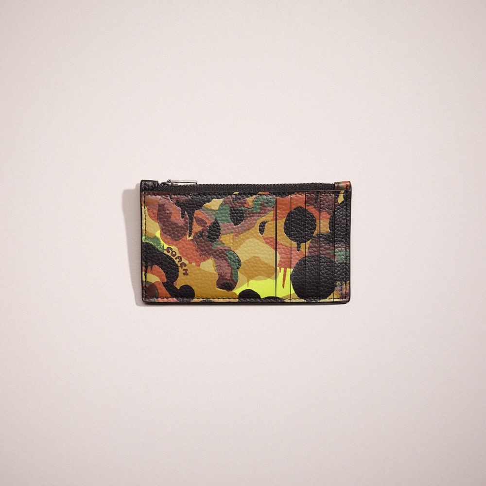 COACH®,RESTORED ZIP CARD CASE WITH CAMO PRINT,Polished Pebble Leather,Neon/Yellow/Brown,Front View