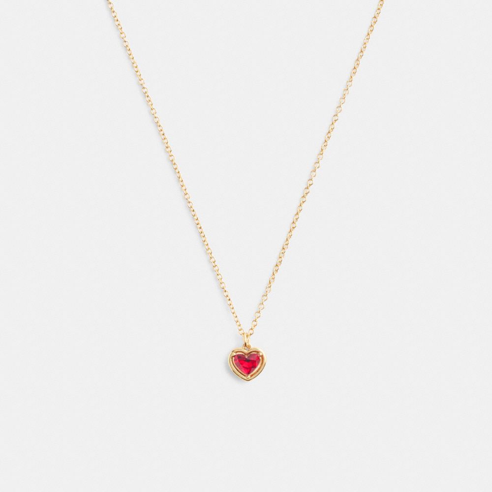 COACH®,Halo Heart Pendant Necklace,Single Strand,Cubic Zirconia,Glass,Gem Embellishment,Casual,Red,Front View