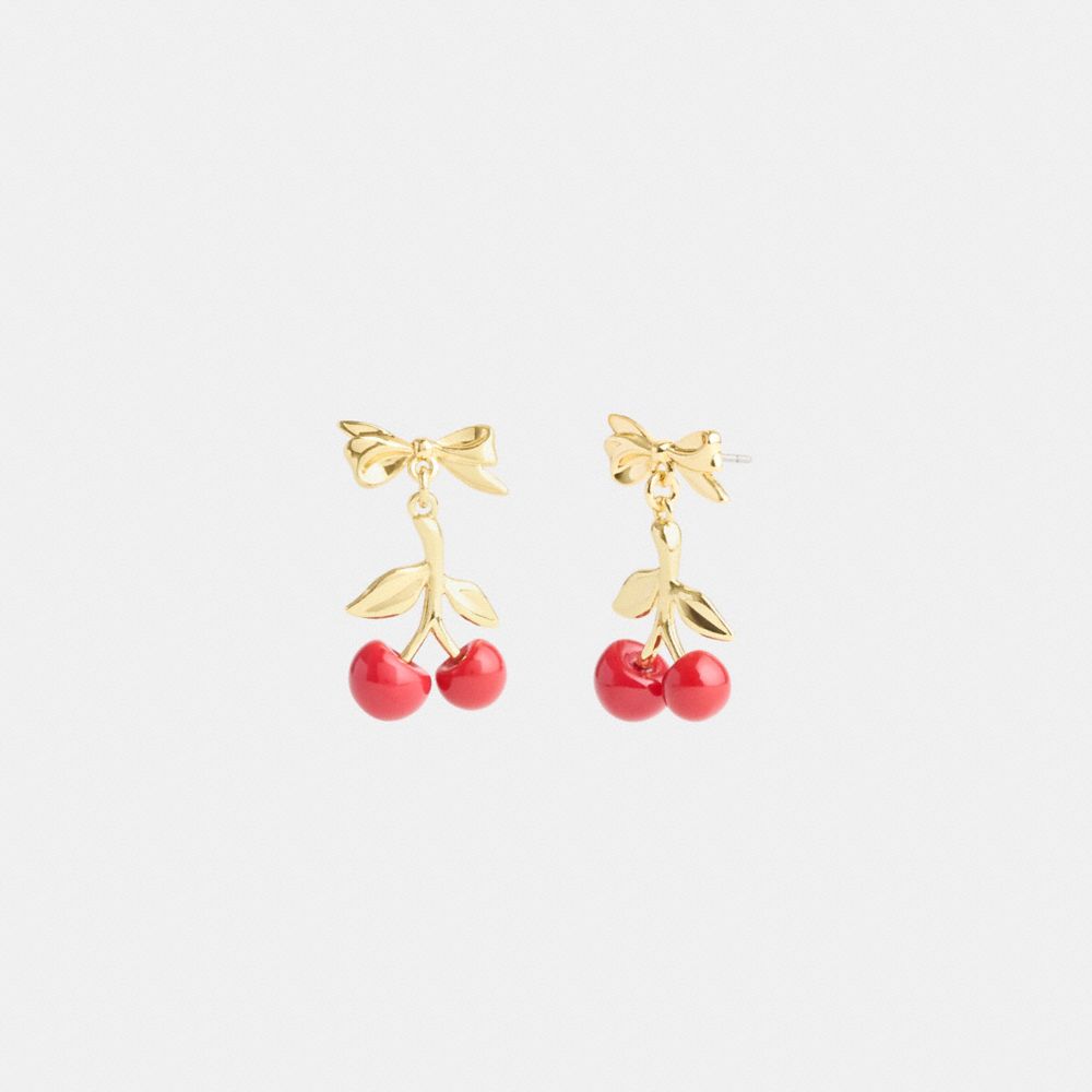 COACH®,Resin Cherry Bow Earrings,Studs,Dangle Earring,Resin,Cubic Zirconia,Food Embellishment,Novelty Embellishment,Bow,Da...,Red,Front View image number 0