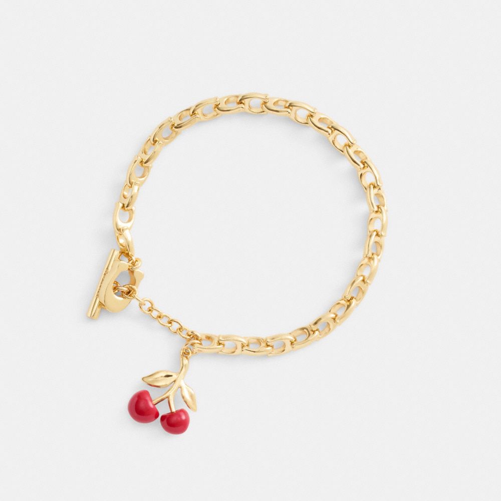 COACH®,Resin Cherry Signature Chain Bracelet,Cubic Zirconia,Resin,Food Embellishment,Novelty Embellishment,Day Party,Red,Inside View,Top View