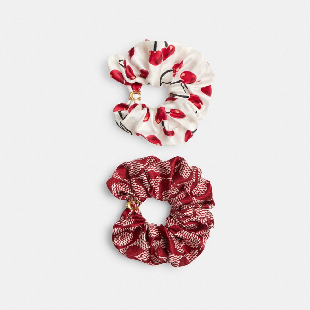 COACH®,Signature Cherry Swirl Print Hair Ties Pack,Cotton,Silk,Hair Tie,Logo,Metal,Securing Hair,No Slip Grip,Casual,Multi Color,Front View image number 0