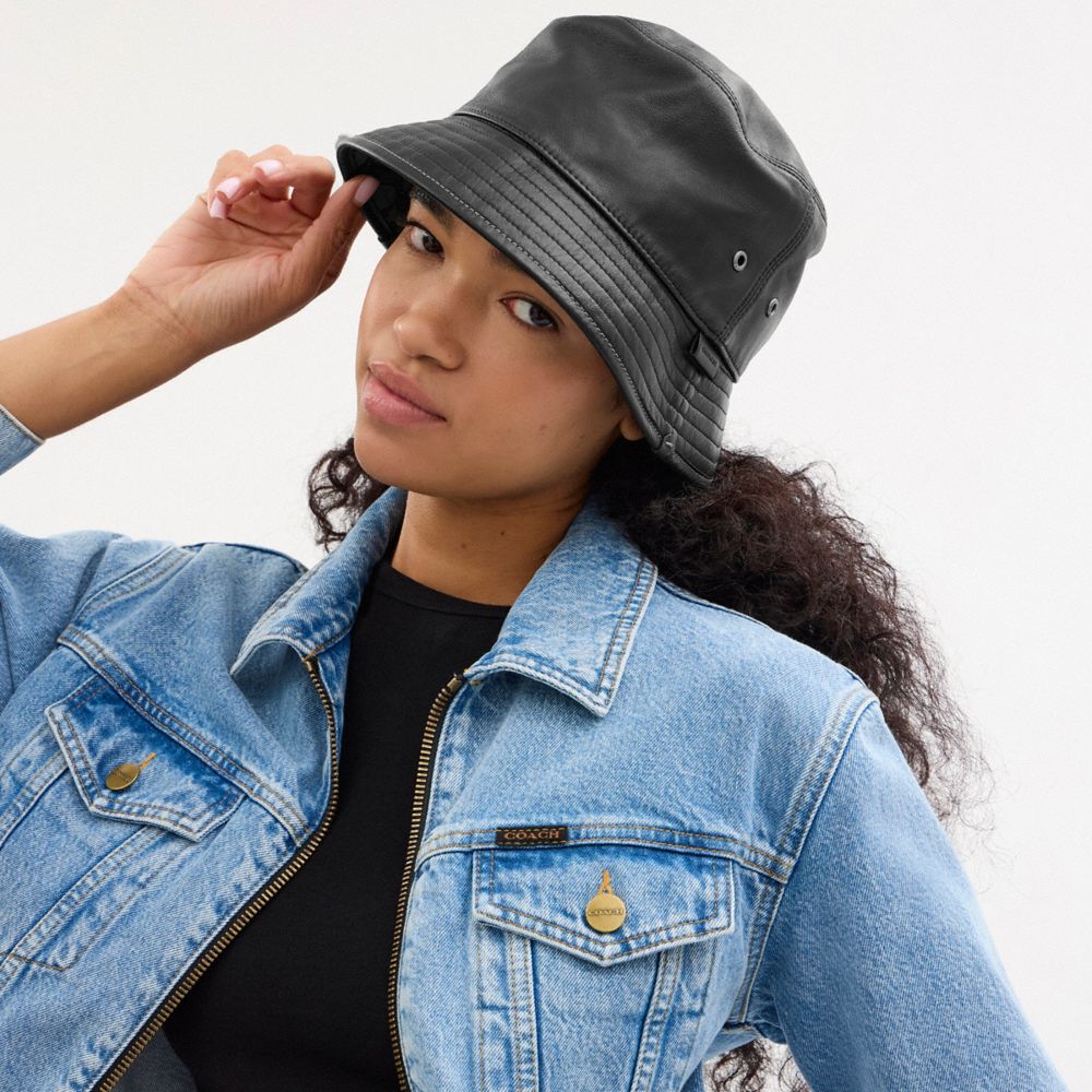 COACH®,Leather Bucket Hat,,Angle View