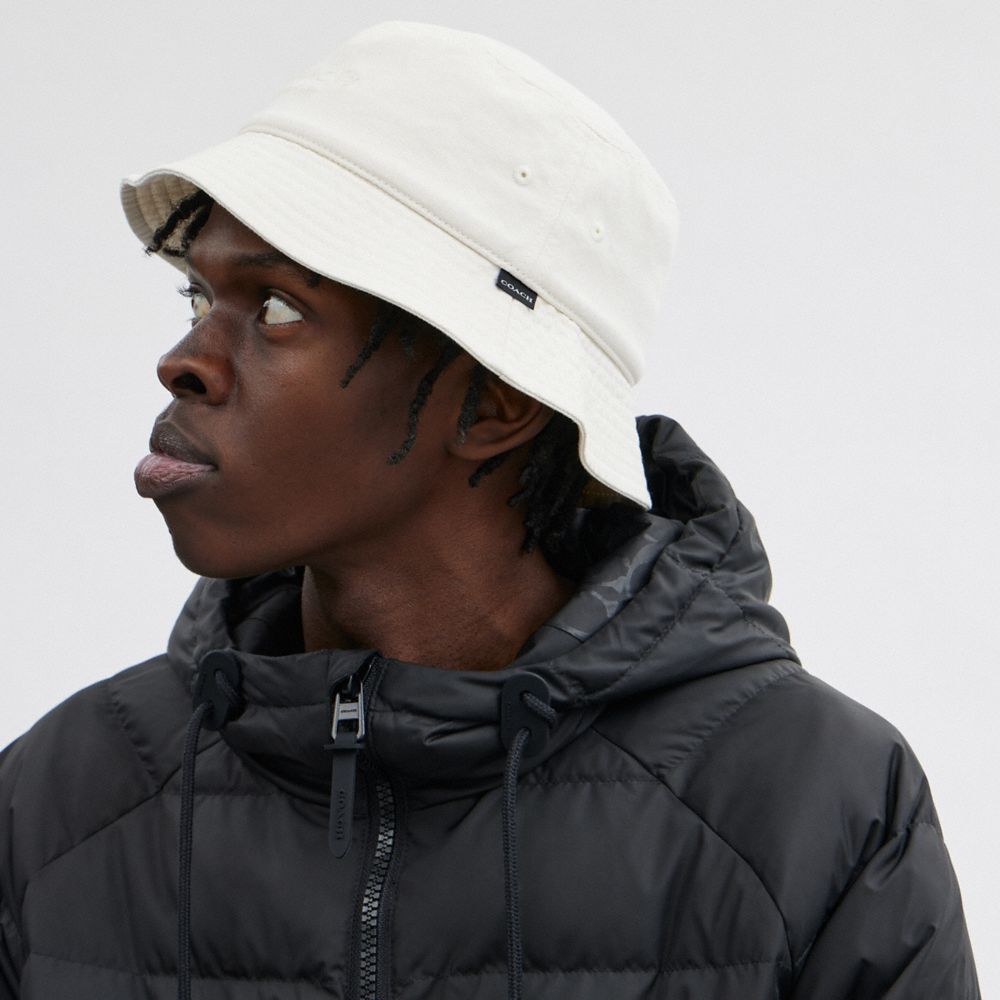 COACH®,Denim Bucket Hat,Cotton,Lining Cotton,Bucket,Embroidered,Tag Embellishment,Logo,Casual,White,Detail View