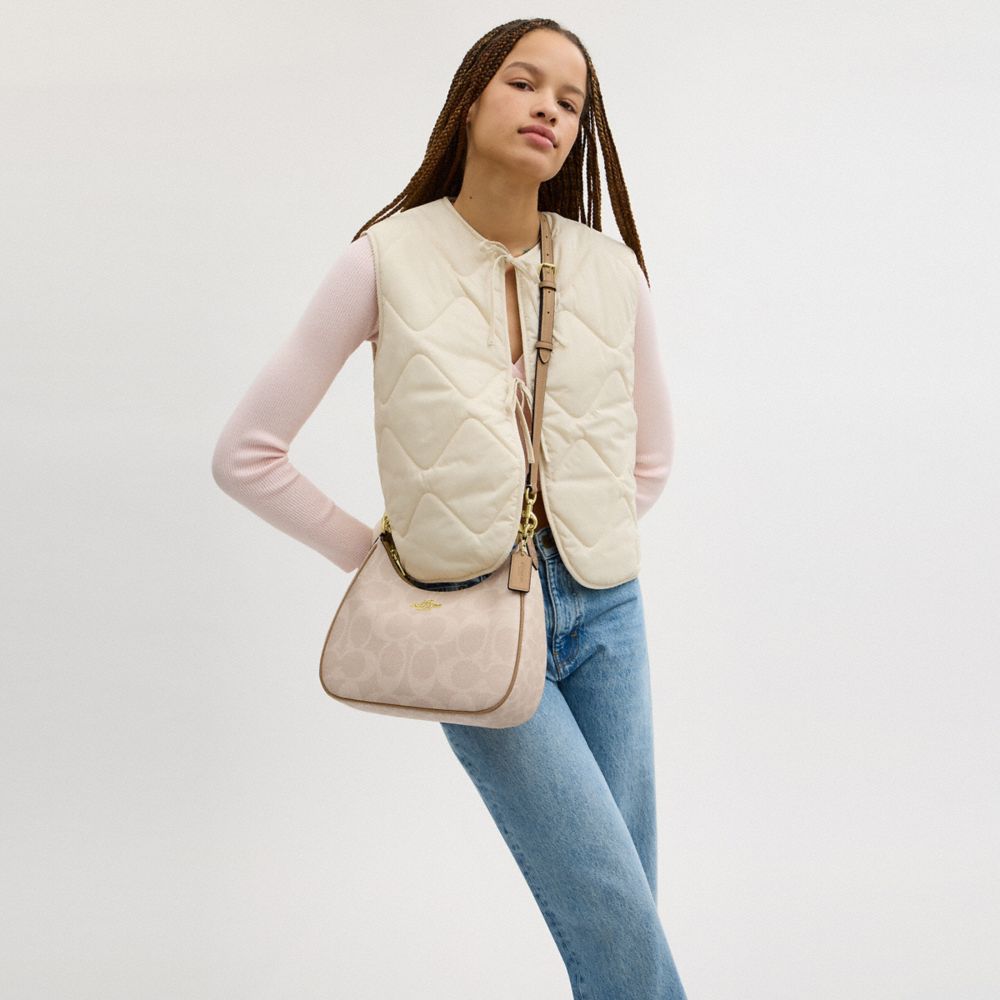 COACH®,Teri Hobo Bag In Blocked Signature Canvas,Canvas,Shoulder Bag,Casual,Beige,Detail View