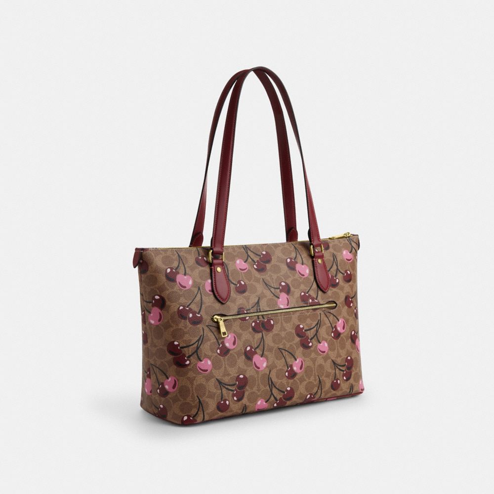 COACH®,CABAS GALLERY EN TOILE SIGNATURE AVEC IMPRIMÉ CERISE,Tissu en toile exclusif,Or/Havane multi,Angle View