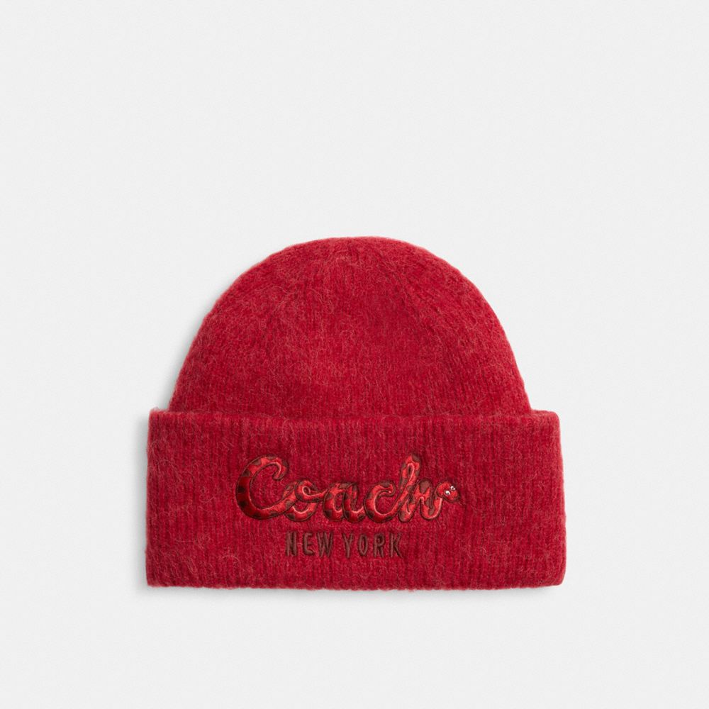 COACH®,New Year Beanie With Embroidered Coach Snake Script,,Front View