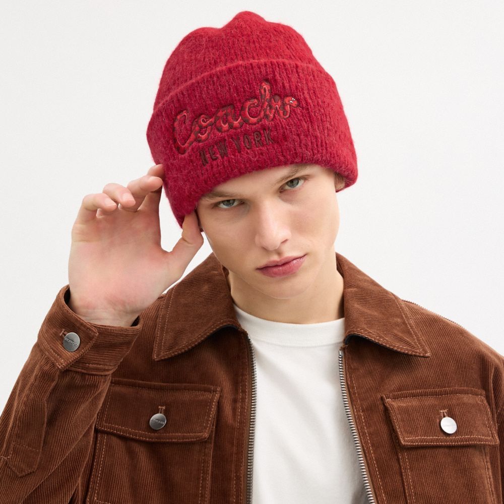 COACH®,New Year Beanie With Embroidered Coach Snake Script,,Angle View