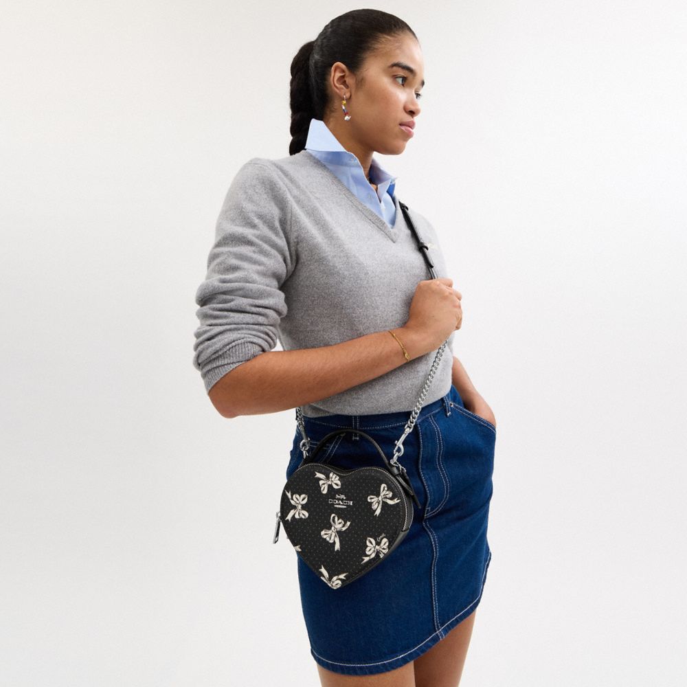 COACH®,Heart Crossbody Bag With Bow Print,Leather,Crossbody,Logo,Metal,Embossed,Day Party,Casual,Black,Detail View