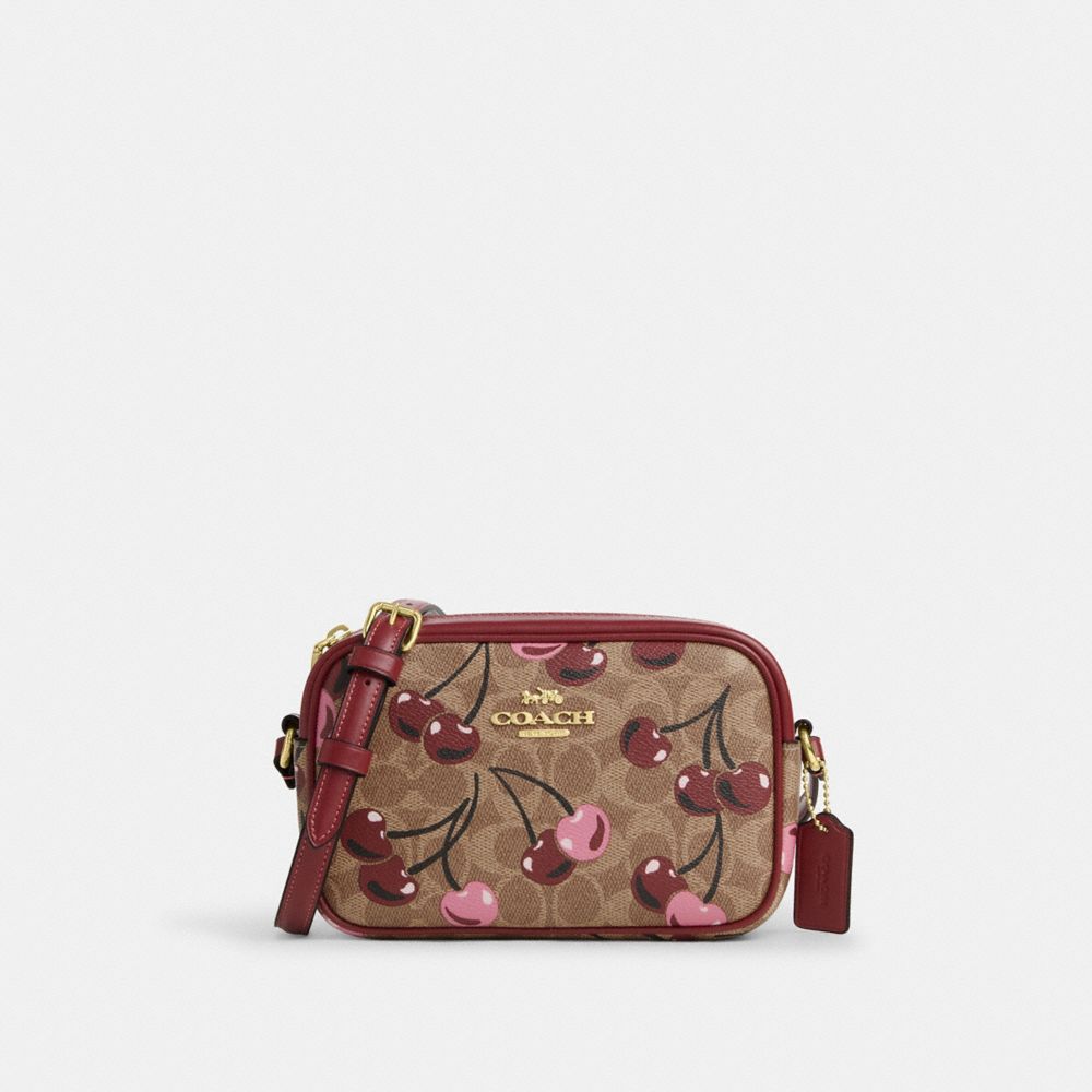 COACH®,MINI SAC POUR APPAREIL PHOTO JAMIE EN TOILE SIGNATURE AVEC IMPRIMÉ CERISE,Tissu en toile exclusif,Or/Havane multi,Front View