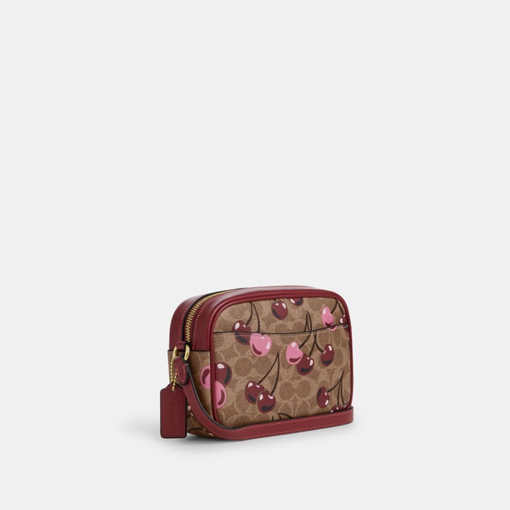 COACH®,Mini Jamie Camera Bag In Signature Canvas With Cherry Print,Canvas,Leather,Camera Bag,Color Block,Adjustable,Casual,Beige,Angle View