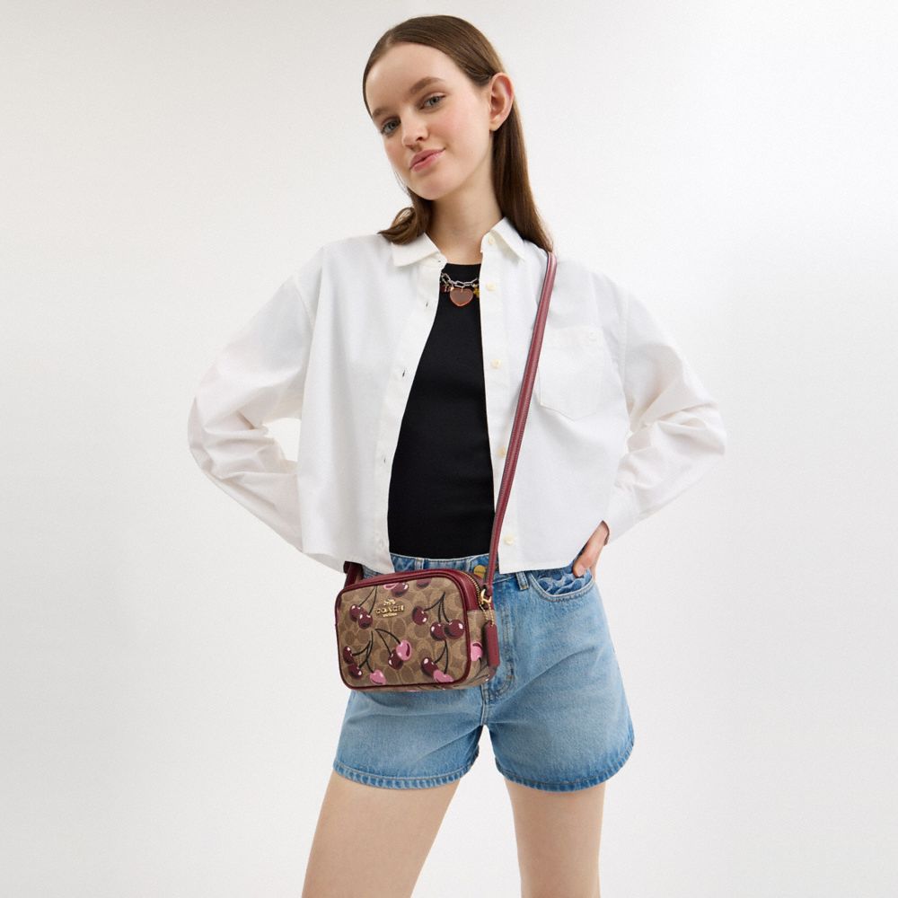 COACH®,Mini Jamie Camera Bag In Signature Canvas With Cherry Print,Canvas,Leather,Camera Bag,Color Block,Adjustable,Casual,Beige,Detail View