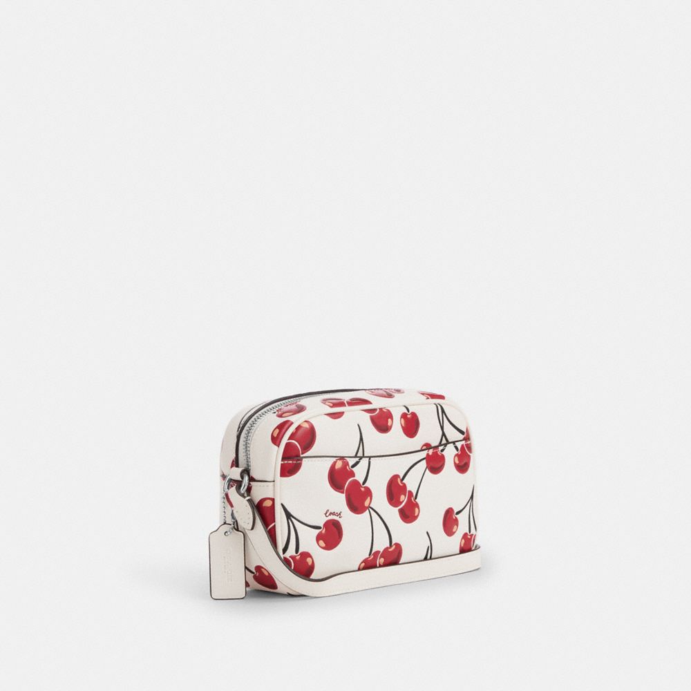 COACH®,Mini Jamie Camera Bag With Cherry Print,Calfskin Leather,Camera Bag,Metal,Logo,Word Embellishment,Adjustable,Casual,White,Angle View