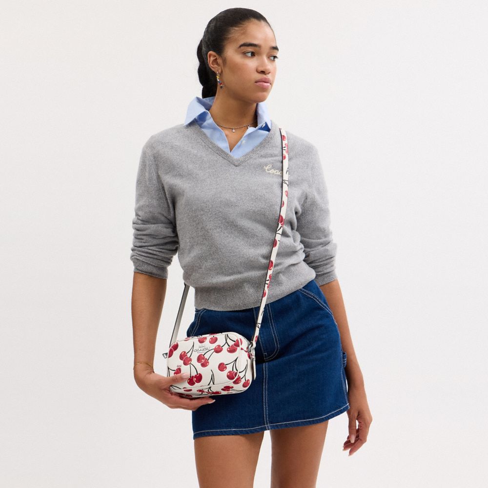 COACH®,Mini Jamie Camera Bag With Cherry Print,Calfskin Leather,Camera Bag,Metal,Logo,Word Embellishment,Adjustable,Casual,White,Detail View