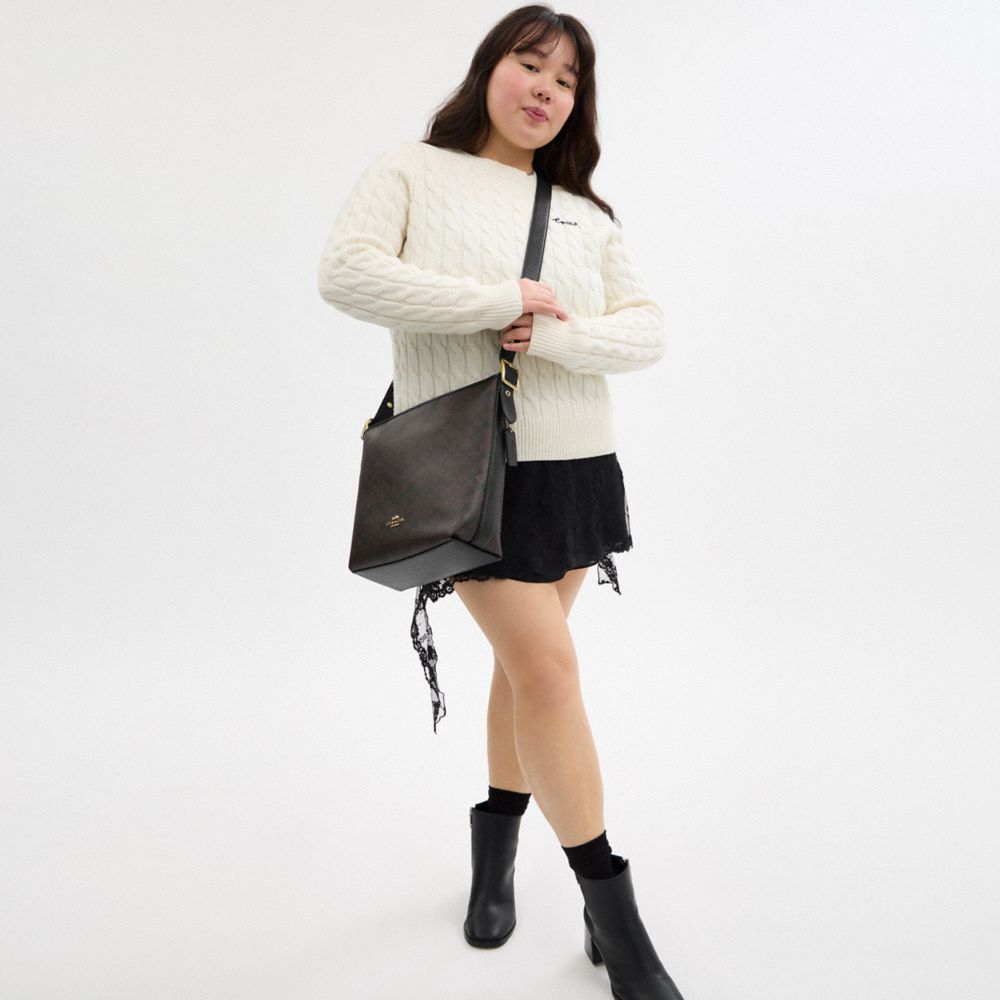 COACH®,Val Duffle Bag In Signature Canvas,Canvas,Leather,Crossbody,Piping,Adjustable,Casual,Brown,Detail View