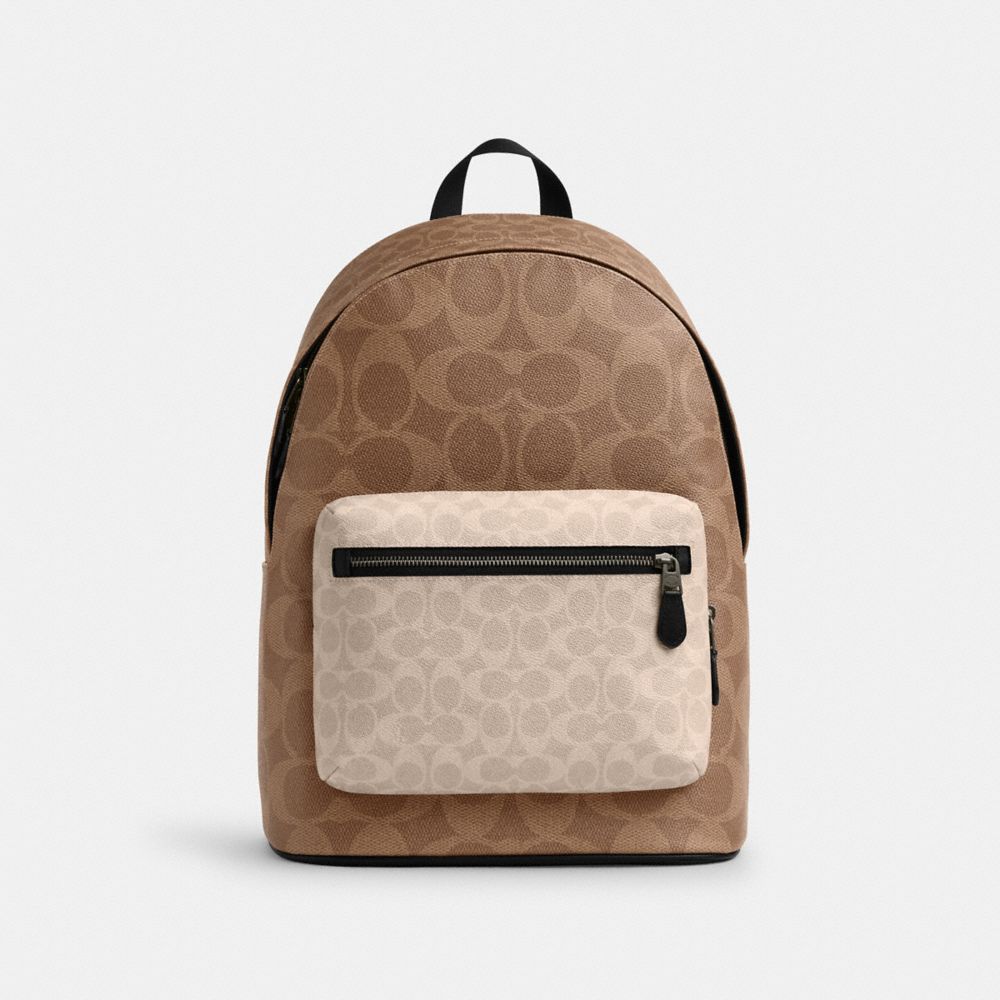 COACH®,West Backpack In Blocked Signature Canvas,Calfskin Leather,Canvas,Backpack,Color Block,Adjustable,Casual,Brown,Front View