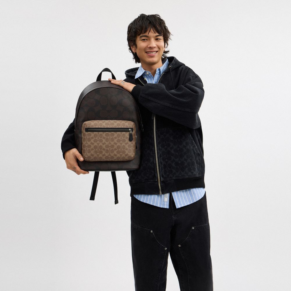 COACH®,West Backpack In Blocked Signature Canvas,Canvas,Calfskin Leather,Backpack,Color Block,Adjustable,Casual,Black,Detail View