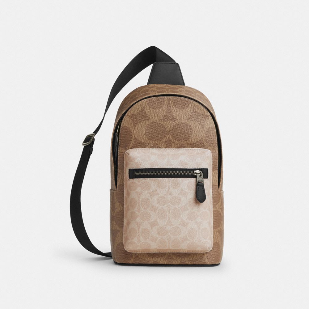 COACH®,West Pack In Blocked Signature Canvas,Beige,Front View