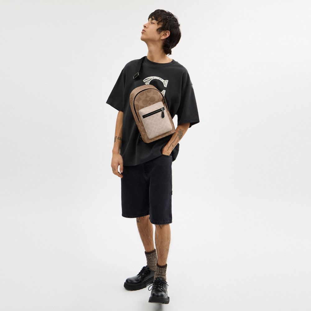COACH®,West Pack In Blocked Signature Canvas,Calfskin Leather,Canvas,Slingback,Color Block,Adjustable,Casual,Beige,Detail View