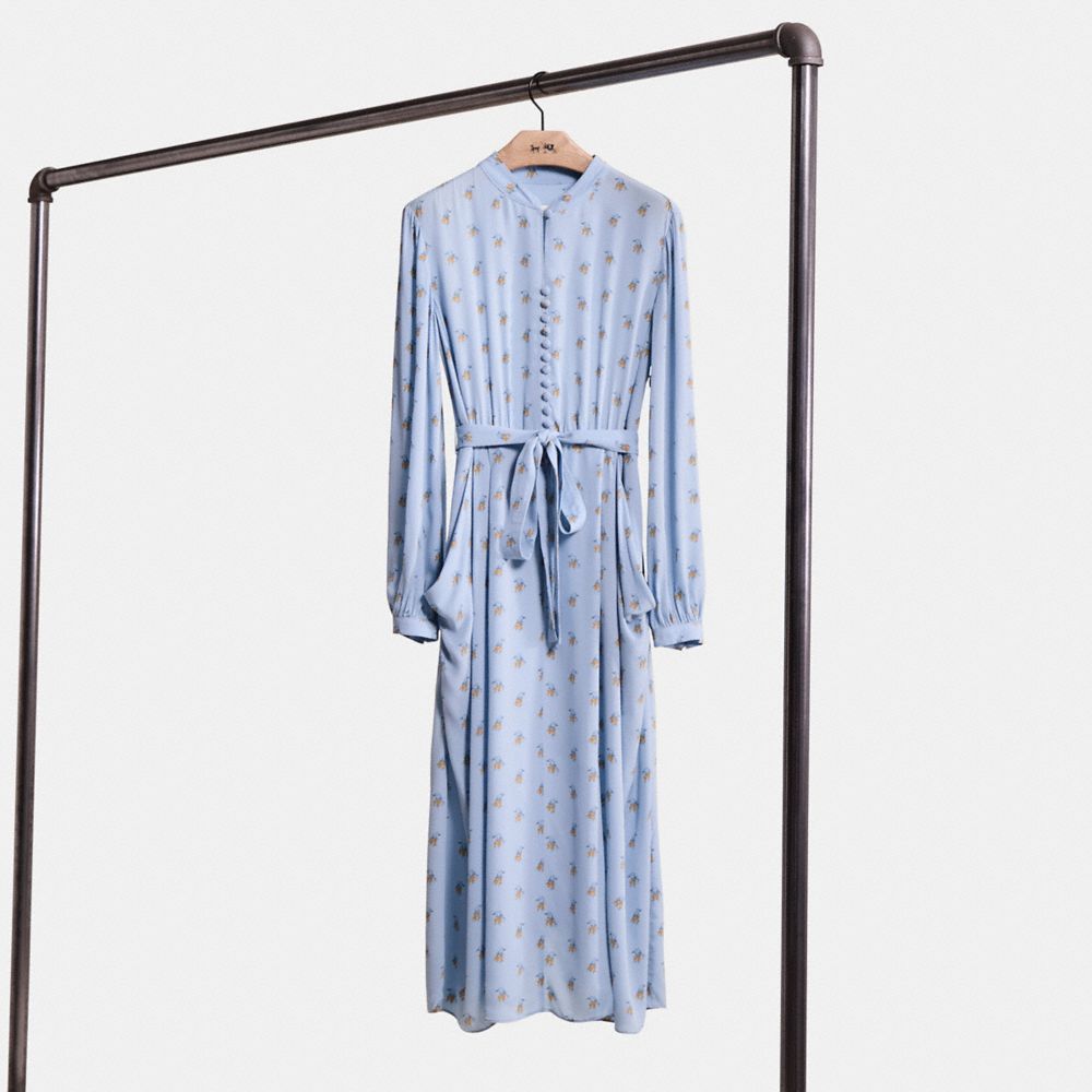 COACH®,Restored Printed Long Sleeve Dress,Blue,Front View