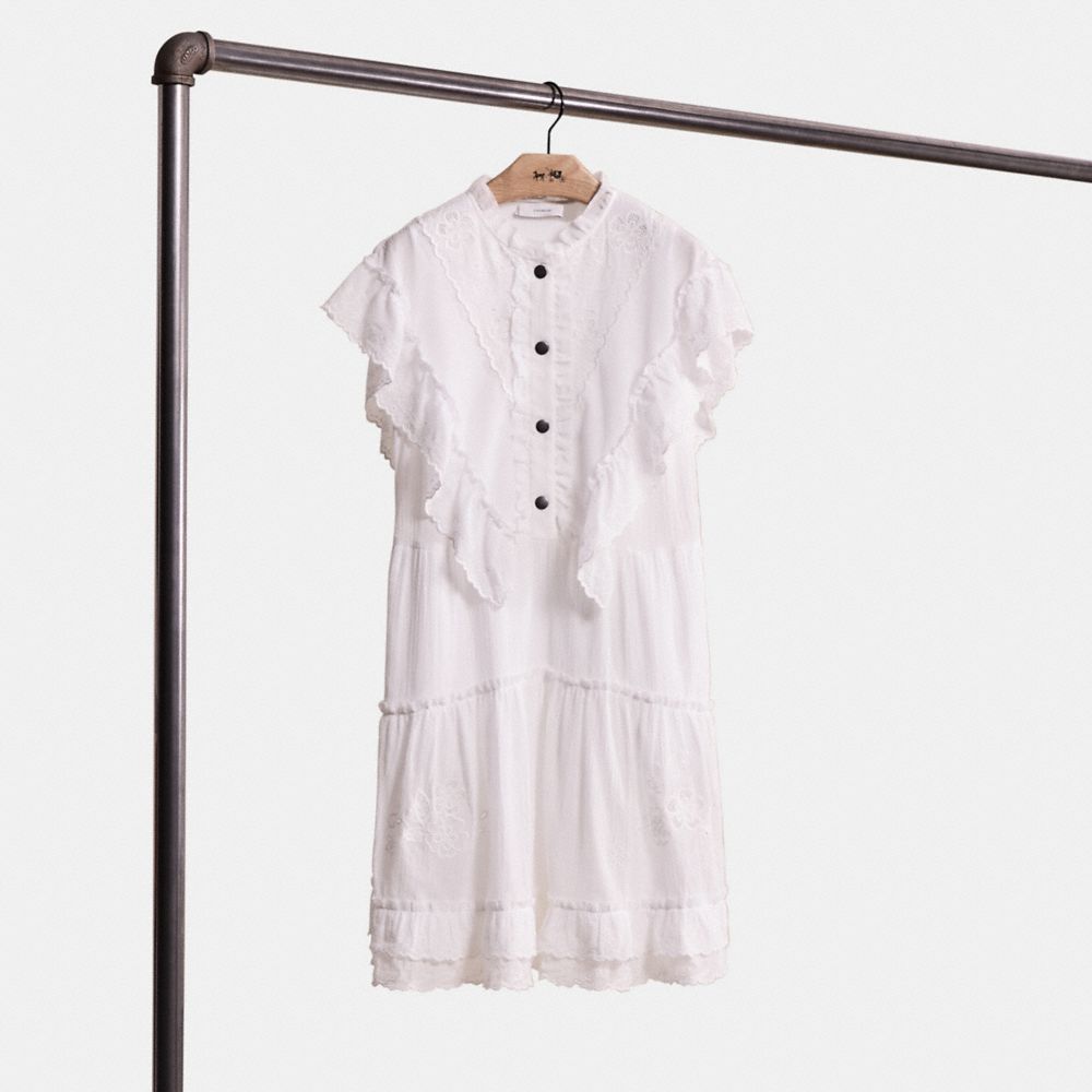 COACH®,Restored Broderie Anglaise Dress,Cotton,Polyester,Spandex,A-Line,Shirt Dress,Ruffles,Frills,Scallop,Eyelet,Day Party,White,Front View