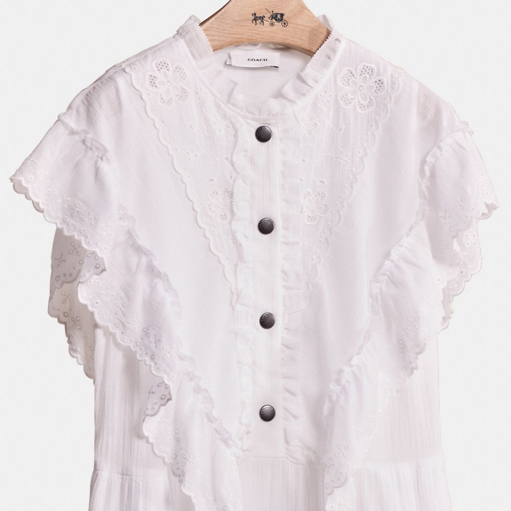 COACH®,Restored Broderie Anglaise Dress,Cotton,Polyester,Spandex,A-Line,Shirt Dress,Ruffles,Frills,Scallop,Eyelet,Day Party,White,Scale View